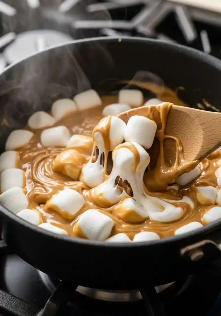 Marshmallows melting into peanut butter and butter mixture in saucepan being stirred with wooden spoon