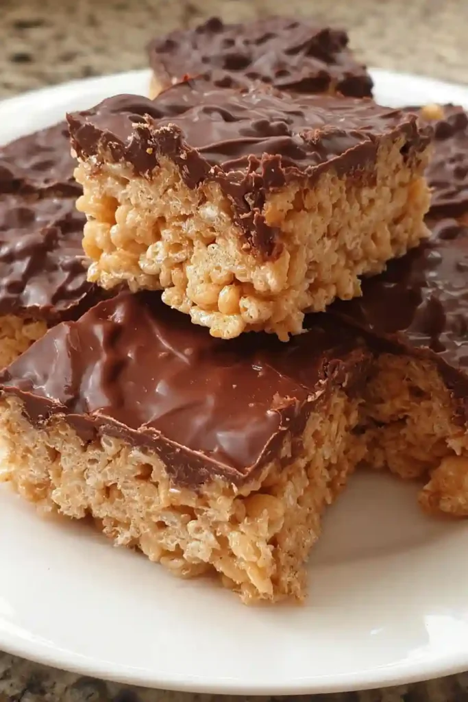 Sharp knife cutting through chilled Rice Krispie Treats showing clean chocolate layer and crispy base