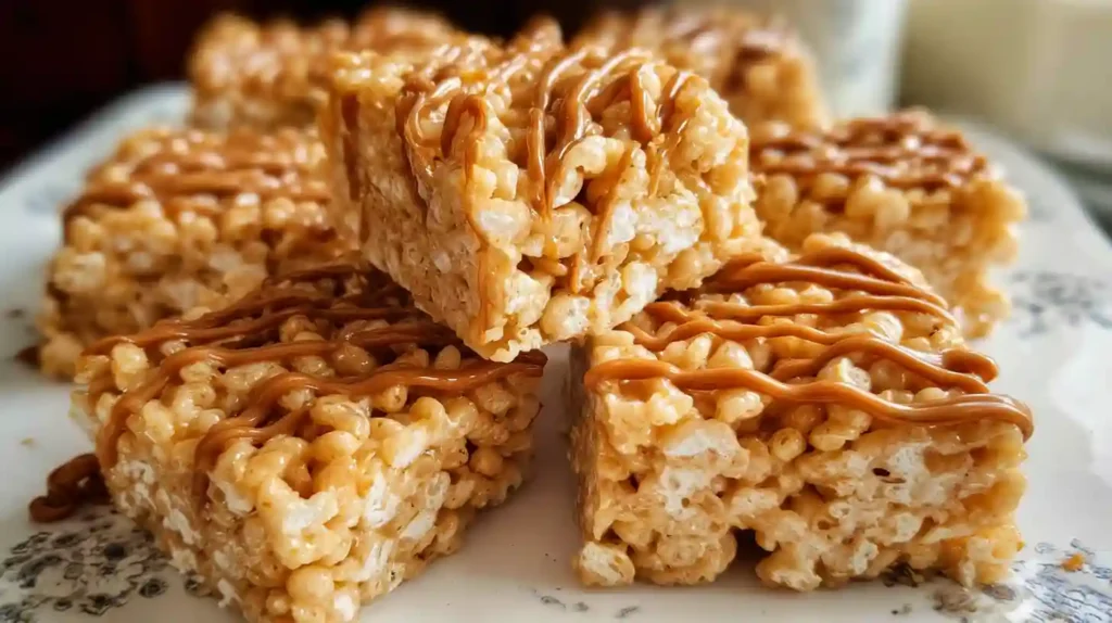 Peanut butter rice krispie treats cut into squares on a white plate with one piece lifted to show chewy texture