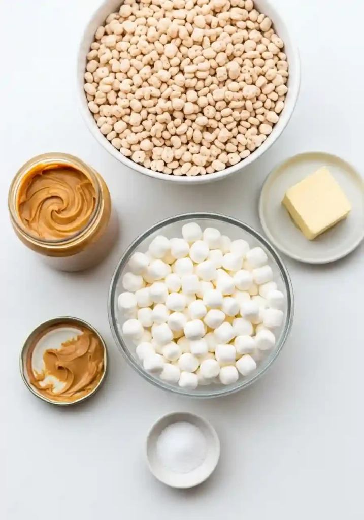 Five ingredients for peanut butter rice krispie treats: marshmallows, peanut butter, butter, Rice Krispies cereal, and salt on white surface