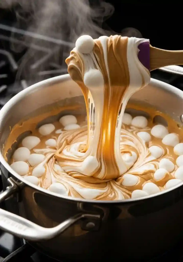 Creamy melted marshmallow and peanut butter mixture being stirred in a pot on the stovetop
