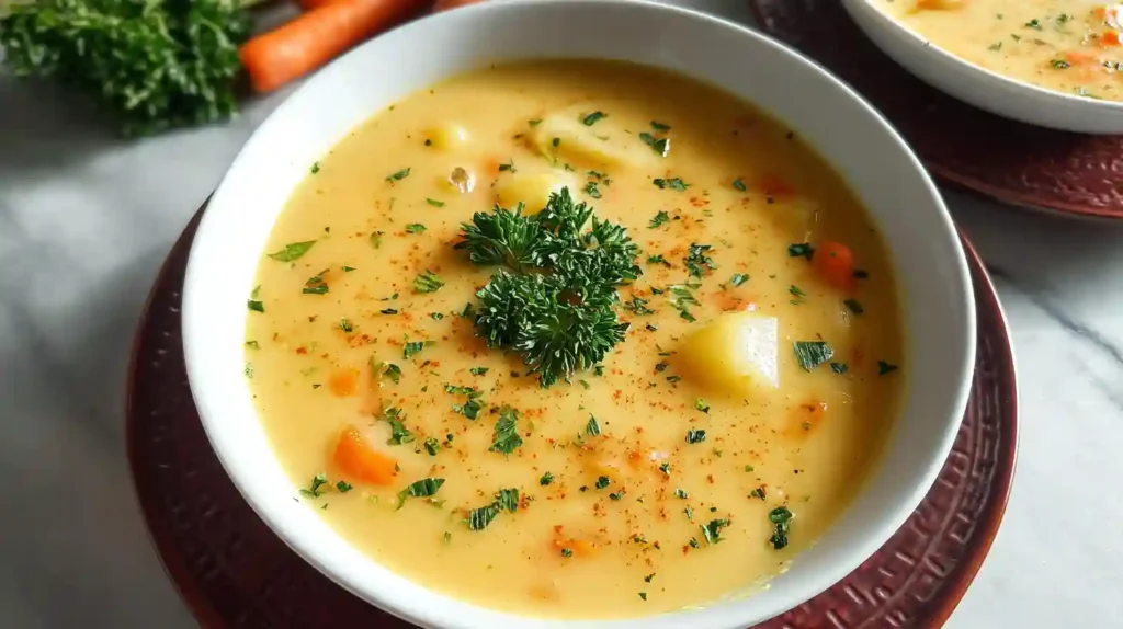 Creamy potato carrot soup in white bowl with fresh thyme garnish and olive oil drizzle on wooden table
