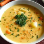 Creamy potato carrot soup in white bowl with fresh thyme garnish and olive oil drizzle on wooden table