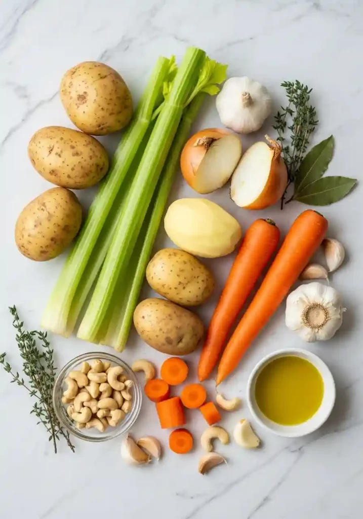 Fresh ingredients for potato carrot soup including russet potatoes, carrots, celery, onion, garlic, cashews, and herbs on marble surface