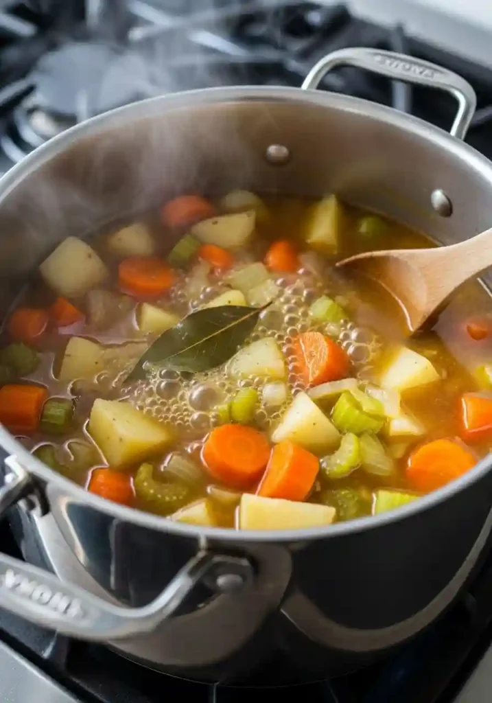 Potato carrot soup simmering in large pot with visible vegetable chunks, bay leaf, and golden broth bubbling gently