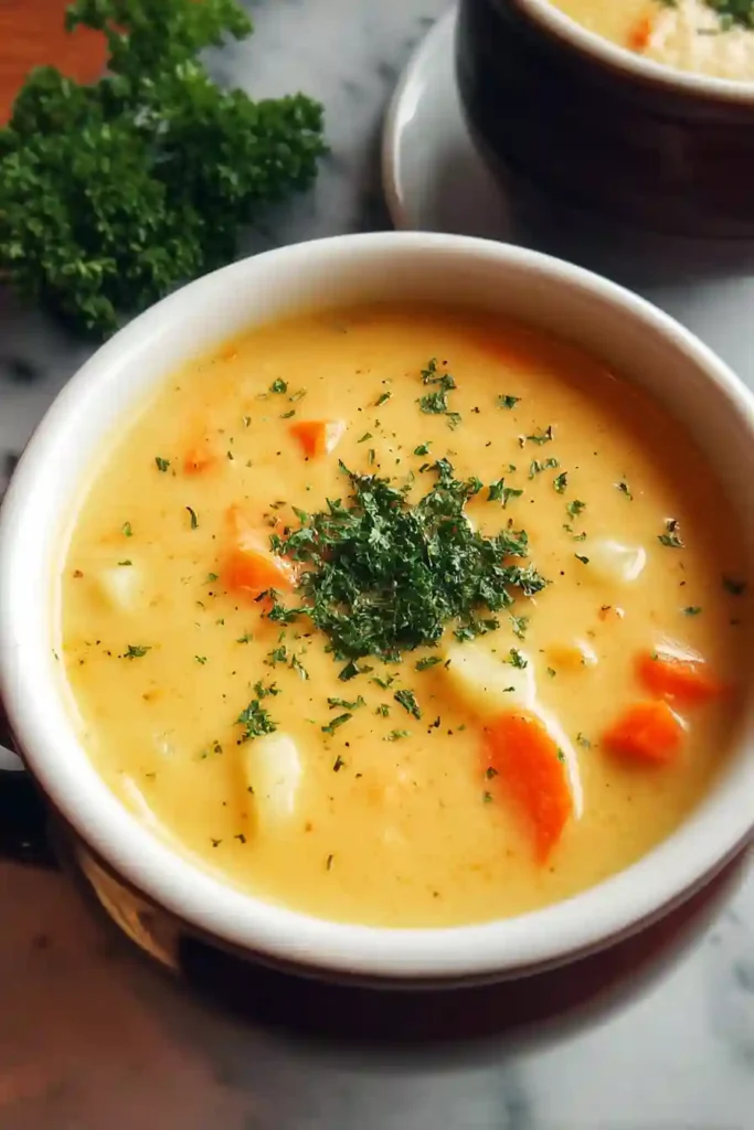 Smooth cashew cream being poured from blender into pot of potato carrot soup creating creamy texture