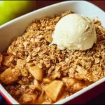Homemade sugar free apple crisp in baking dish with golden oat topping and bubbling apples