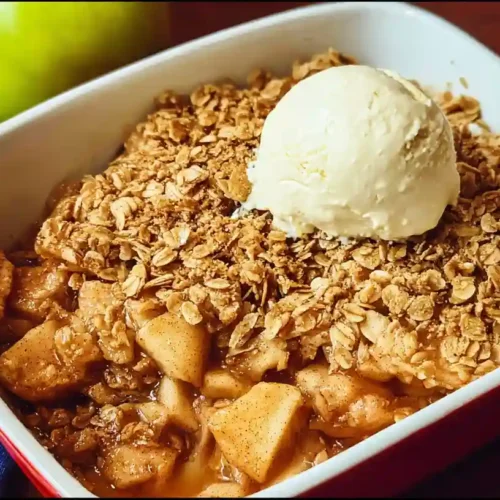 Homemade sugar free apple crisp in baking dish with golden oat topping and bubbling apples