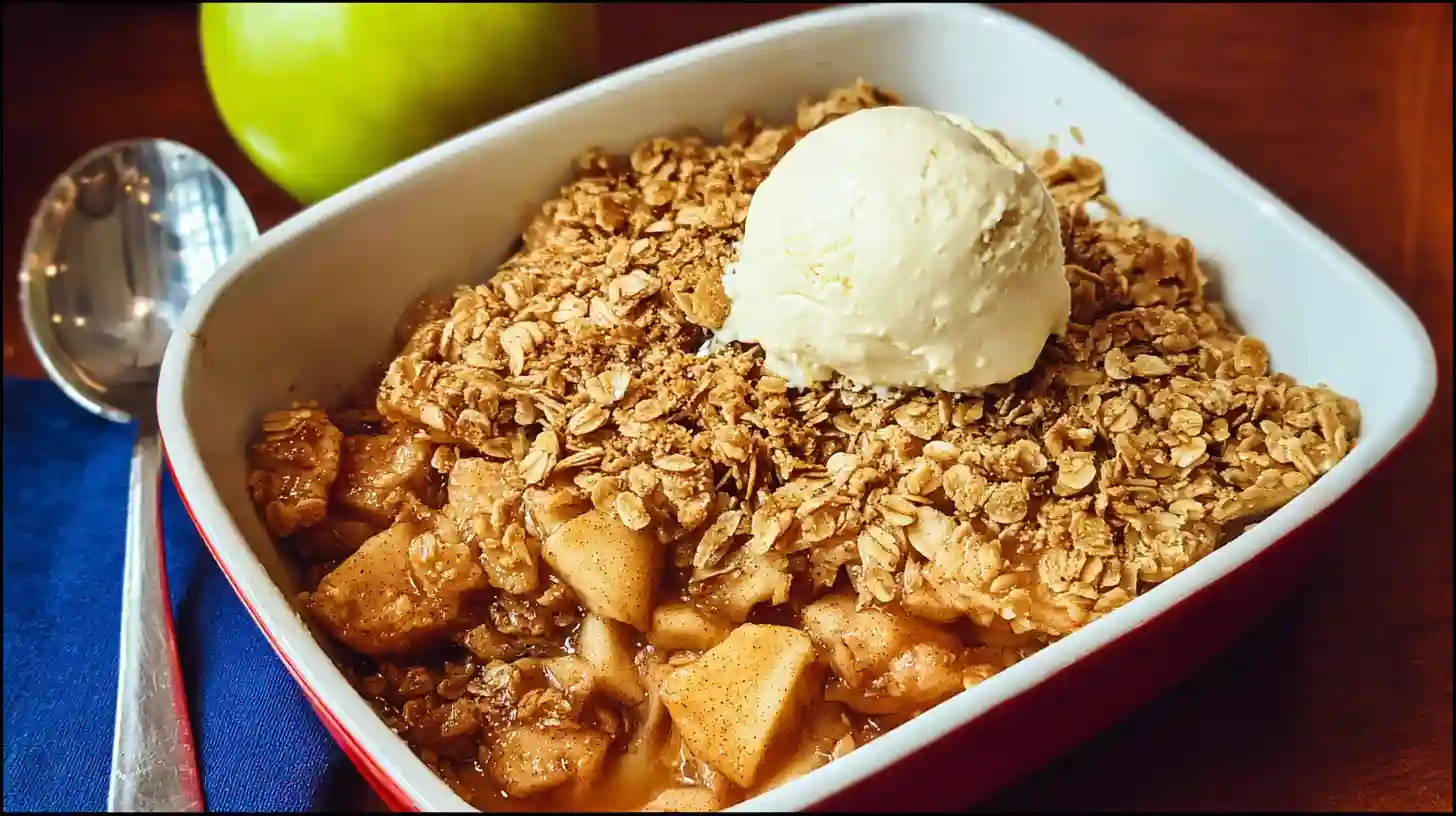 Homemade sugar free apple crisp in baking dish with golden oat topping and bubbling apples