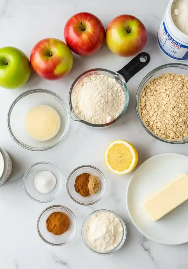 Fresh apples, almond flour, monk fruit sweetener, oats, butter and spices for sugar free apple crisp