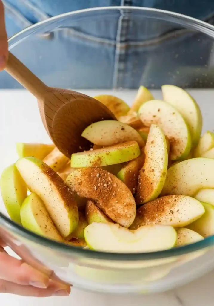 Sliced apples tossed with cinnamon, monk fruit sweetener and spices in mixing bowl