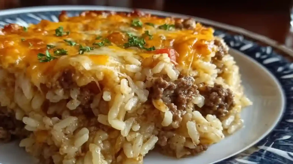 Cheesy ground beef rice casserole with bubbly melted cheddar cheese in white baking dish