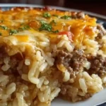 Cheesy ground beef rice casserole with bubbly melted cheddar cheese in white baking dish