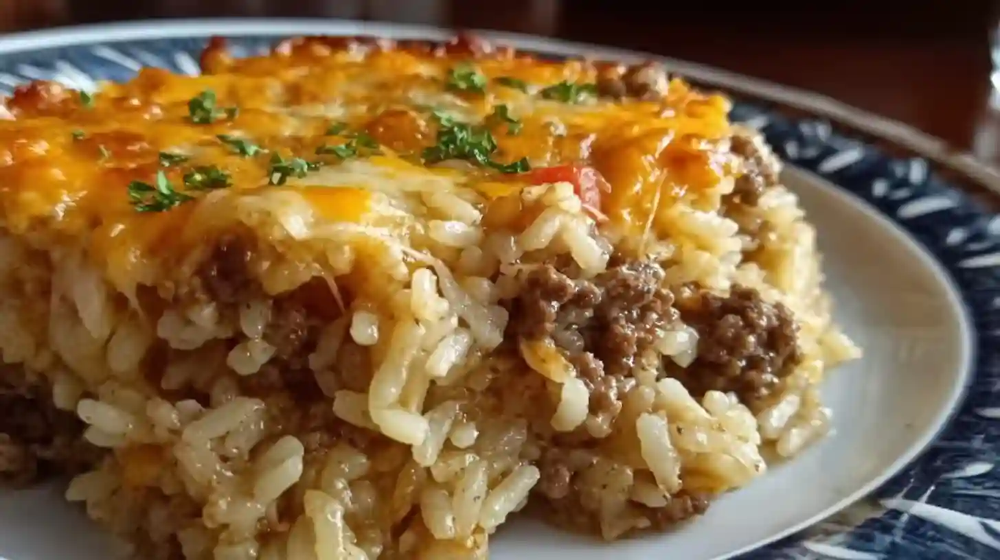 Cheesy ground beef rice casserole with bubbly melted cheddar cheese in white baking dish