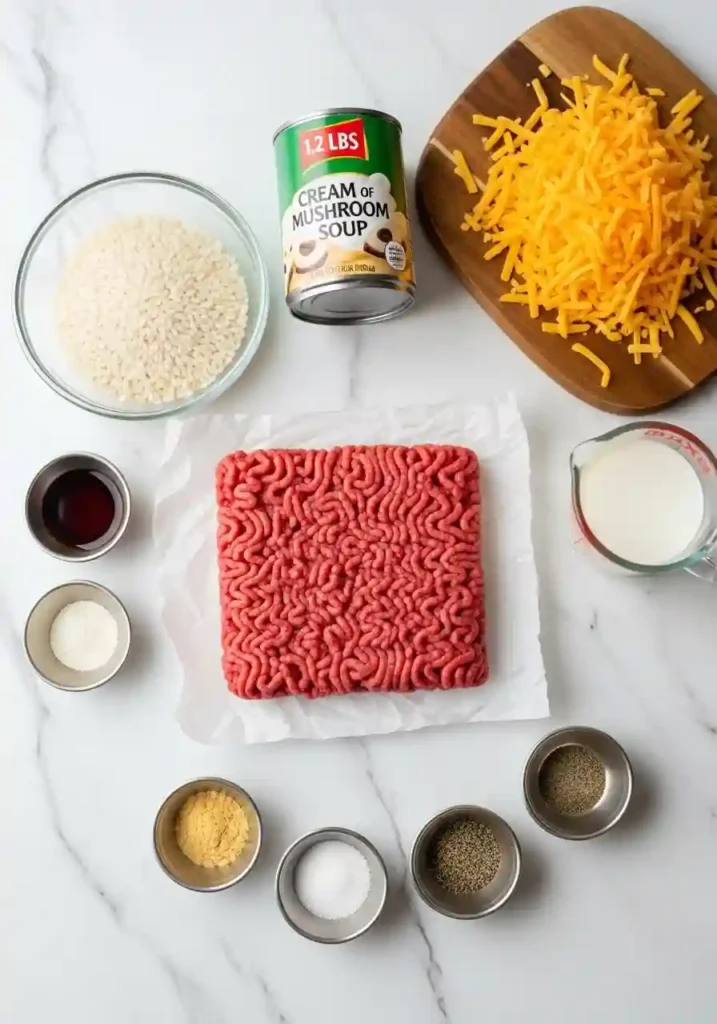 Raw ground beef, white rice, cheddar cheese, cream of mushroom soup and seasonings for beef casserole
