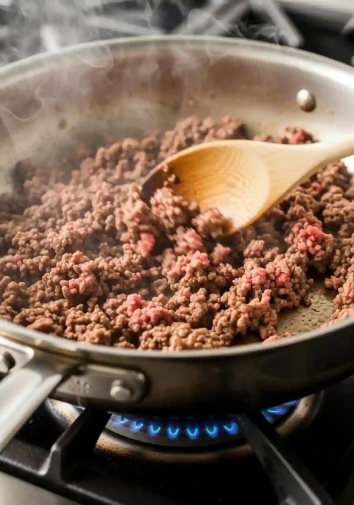 Cooking ground beef in skillet until browned for cheesy hamburger rice casserole recipe
