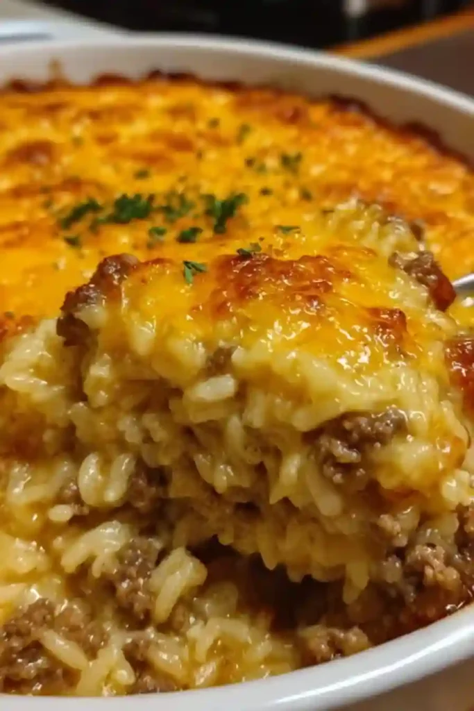 Serving portion of cheesy ground beef rice casserole with melted cheese on white plate
