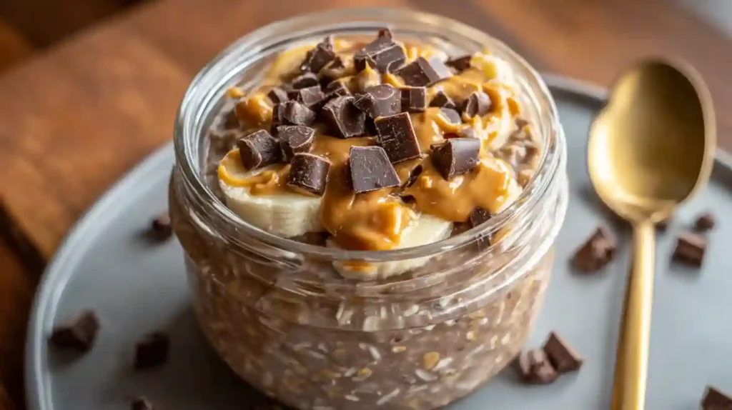 Chocolate Peanut Butter Overnight Oats in a glass jar topped with banana slices, chocolate chips, and peanut butter drizzle