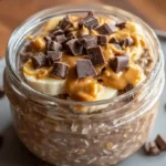 Chocolate Peanut Butter Overnight Oats in a glass jar topped with banana slices, chocolate chips, and peanut butter drizzle
