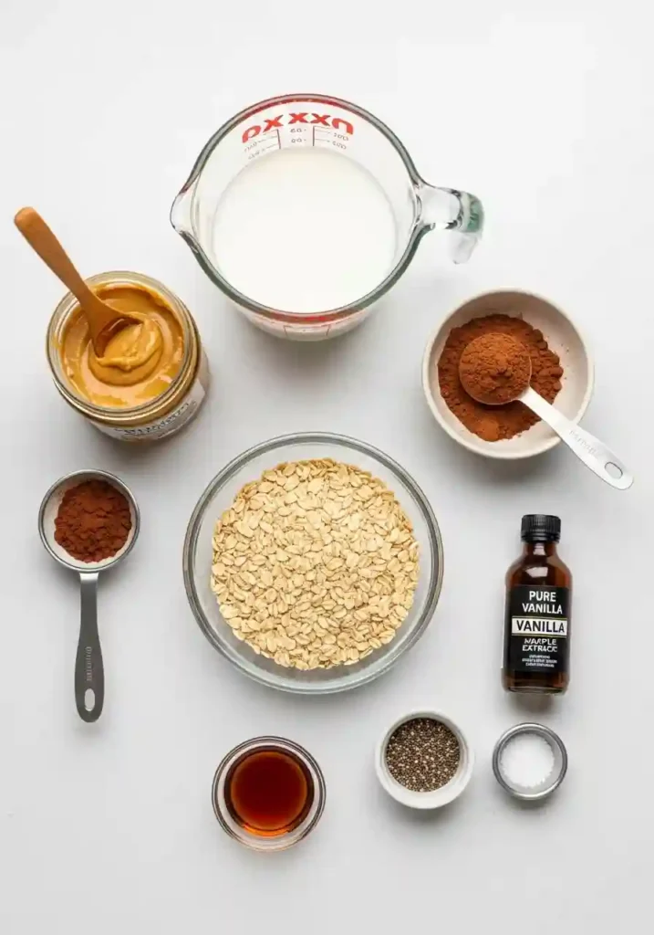 Ingredients for Chocolate Peanut Butter Overnight Oats including rolled oats, peanut butter, cocoa powder, milk, maple syrup, and chia seeds