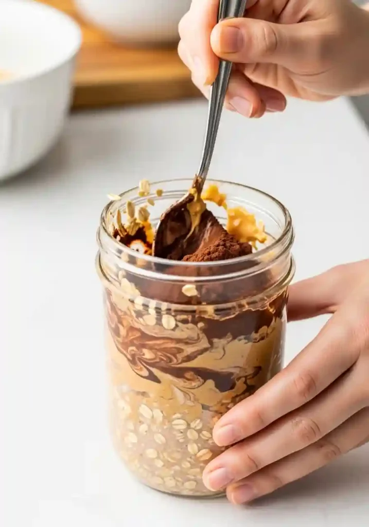 Mixing chocolate, peanut butter, and oats together in a mason jar for overnight oats preparation