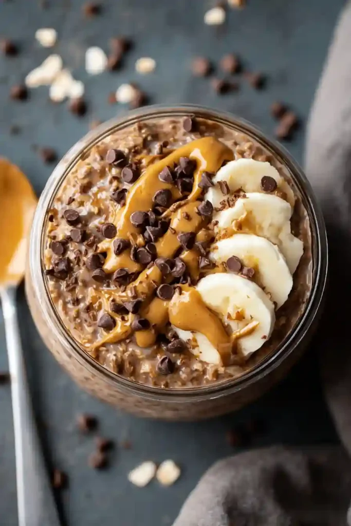 Thick and creamy Chocolate Peanut Butter Overnight Oats being stirred in a jar after refrigeration overnight