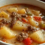 Bowl of creamy potato and ground beef soup topped with melted cheddar cheese, sour cream, and fresh parsley on a wooden table