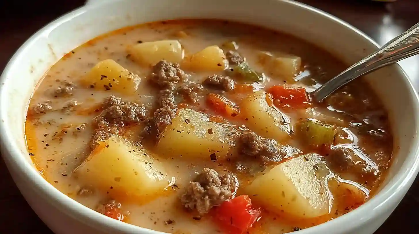 Bowl of creamy potato and ground beef soup topped with melted cheddar cheese, sour cream, and fresh parsley on a wooden table