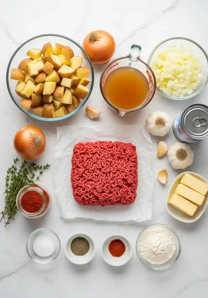 Raw ingredients for hamburger potato soup including ground beef, diced potatoes, onions, garlic, beef broth, and seasonings arranged on a counter