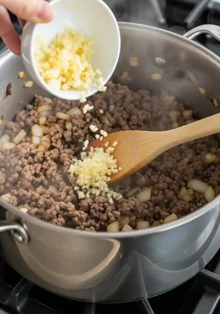 Sautéing chopped onions and minced garlic with browned ground beef in a large pot for potato soup
