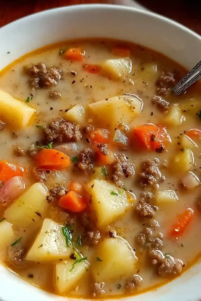 Ladle pouring thick, creamy potato and ground beef soup from pot into a white serving bowl