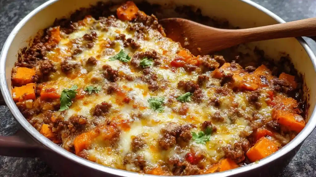 One-pan sweet potato and ground beef skillet with bell peppers and cilantro garnish