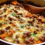 One-pan sweet potato and ground beef skillet with bell peppers and cilantro garnish