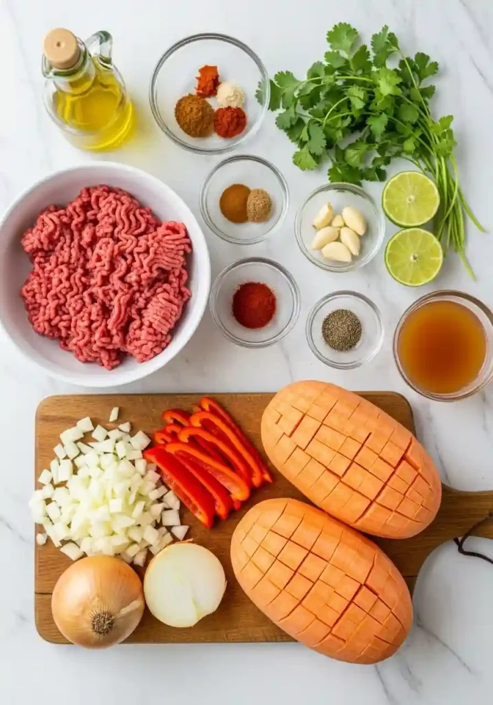 Raw ingredients for sweet potato and ground beef skillet including meat, vegetables, and spices