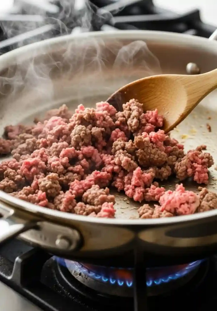 Ground beef browning in skillet with wooden spoon