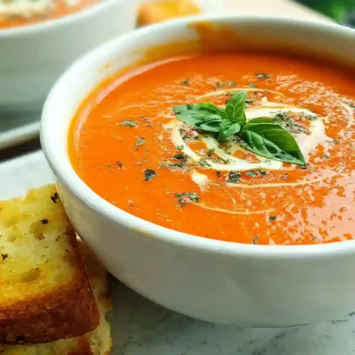 Homemade creamy tomato basil soup in white bowl with fresh basil garnish and grilled cheese sandwich
