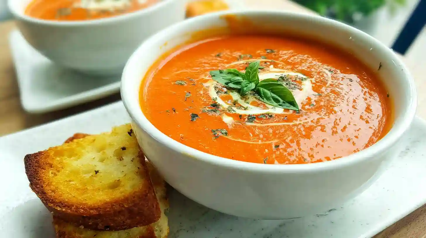 Homemade creamy tomato basil soup in white bowl with fresh basil garnish and grilled cheese sandwich