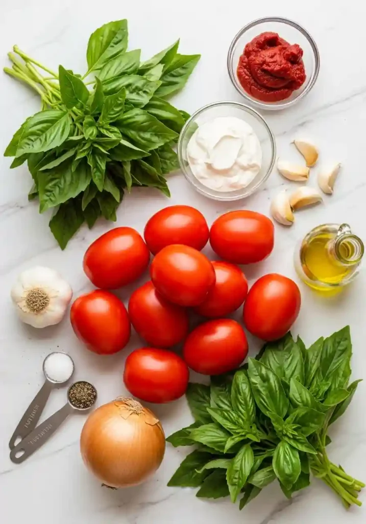 Fresh tomatoes, basil, onion, garlic, cream and seasonings for tomato basil soup recipe