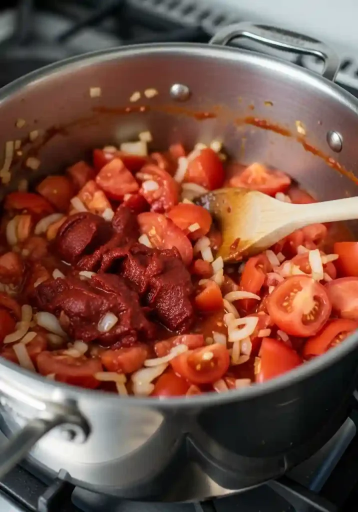 Chopped tomatoes simmering with onions and broth in pot for homemade tomato soup