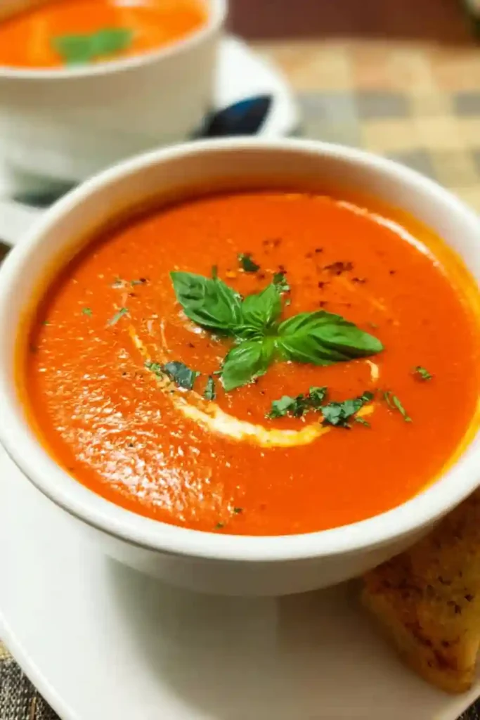 Heavy cream being stirred into smooth blended tomato soup to create creamy texture
