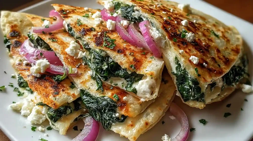 Mediterranean Quesadillas with Spinach Feta Mozzarella and Red Onion