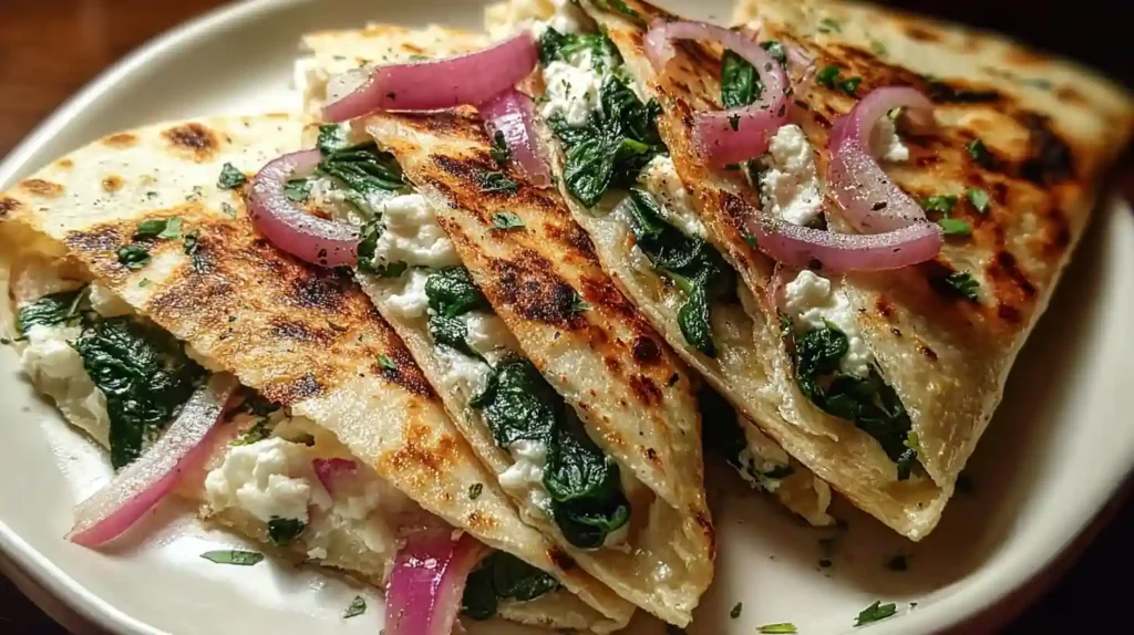 Mediterranean Quesadillas with Spinach Feta Mozzarella and Red Onion