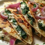 Mediterranean Quesadillas with Spinach Feta Mozzarella and Red Onion