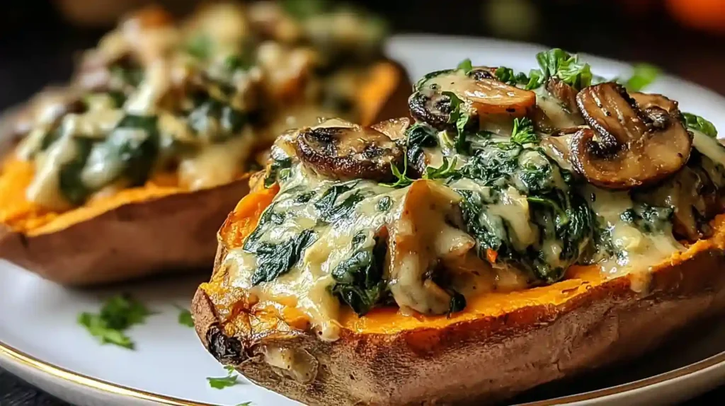 Creamy Mushroom and Spinach Stuffed Sweet Potatoes