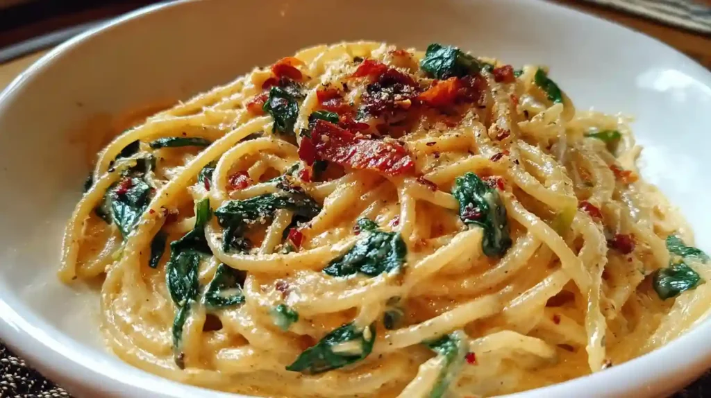 Spaghetti & Spinach with Sun-Dried Tomato Cream Sauce