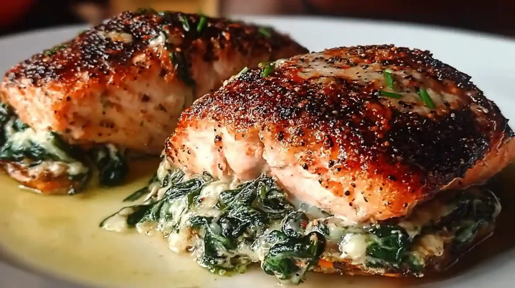 Blackened Salmon Stuffed with Spinach & Parmesan