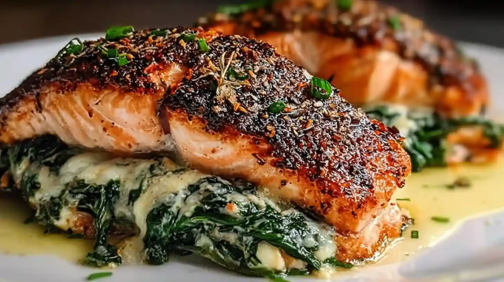 Blackened Salmon Stuffed with Spinach & Parmesan