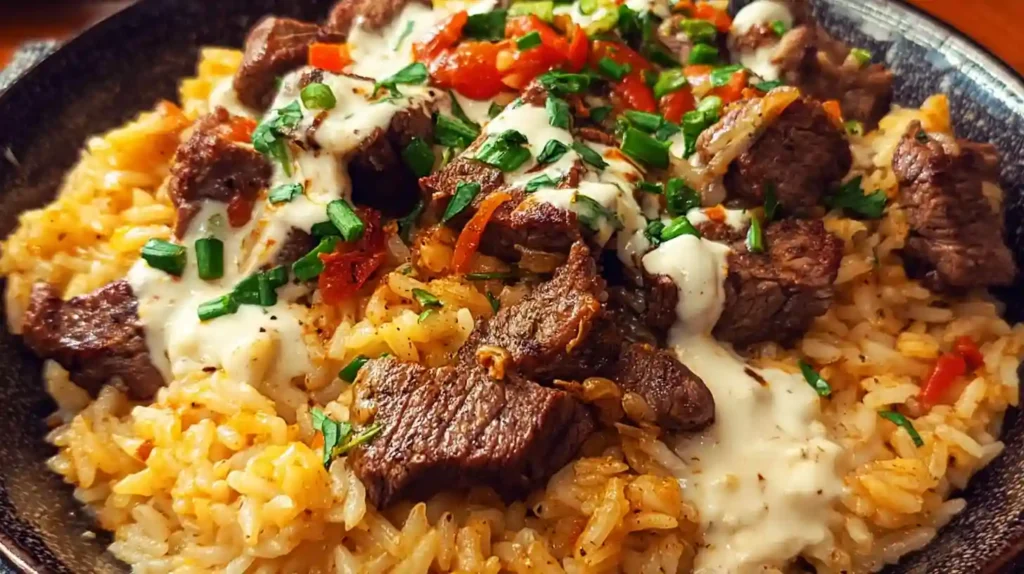 Creamy Queso Rice with Juicy Steak Strips