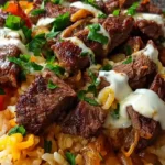 Creamy Queso Rice with Juicy Steak Strips