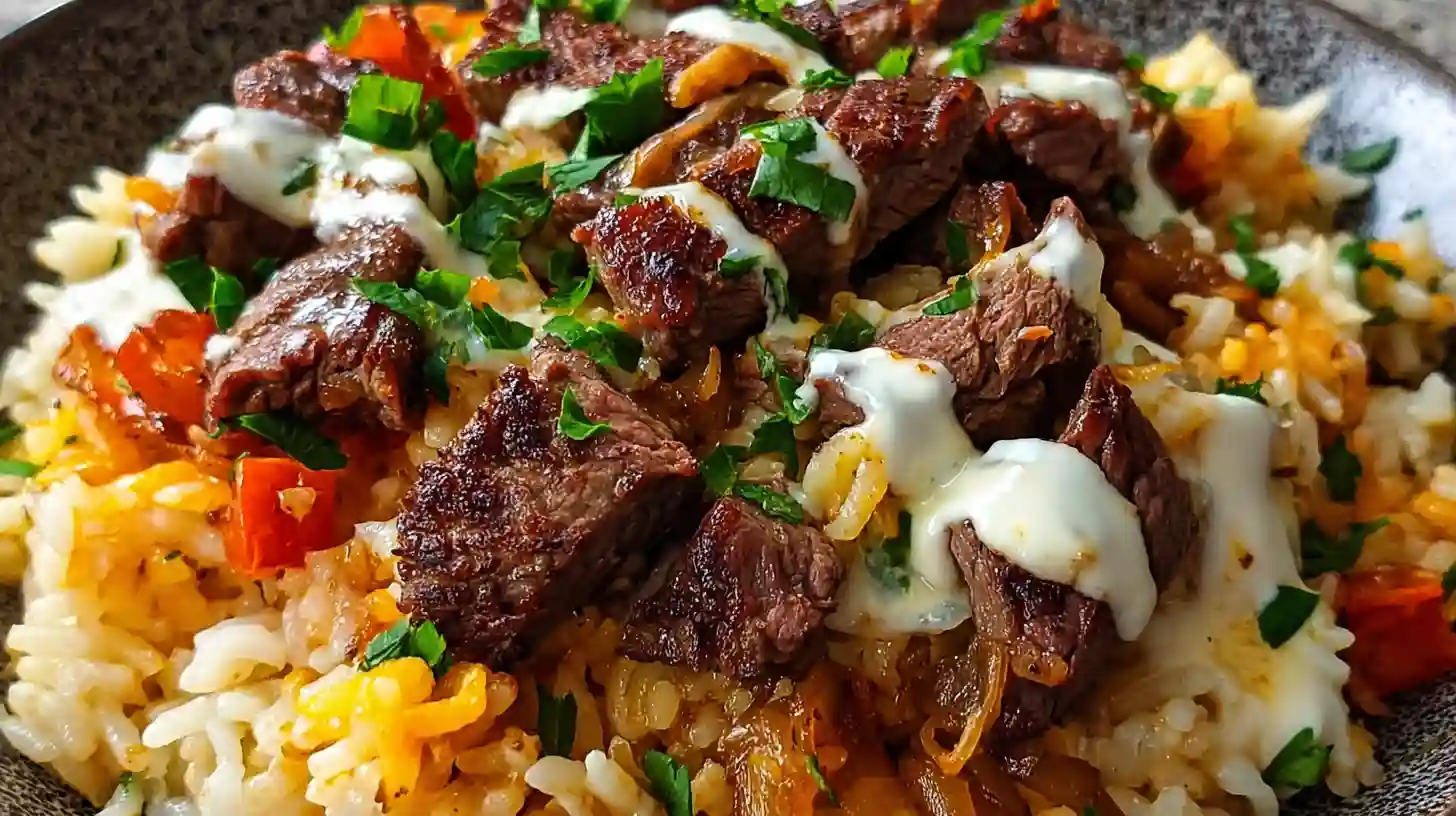 Creamy Queso Rice with Juicy Steak Strips